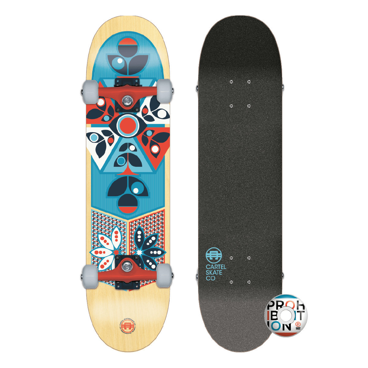 Skateboard Complet Skate Cartel 7.5" - 7 Plis érable Canadien, Double Kick Tail, Trucks Prohibition, Roues 52mm ABEC-5 - Pour Enfants Et Débutants